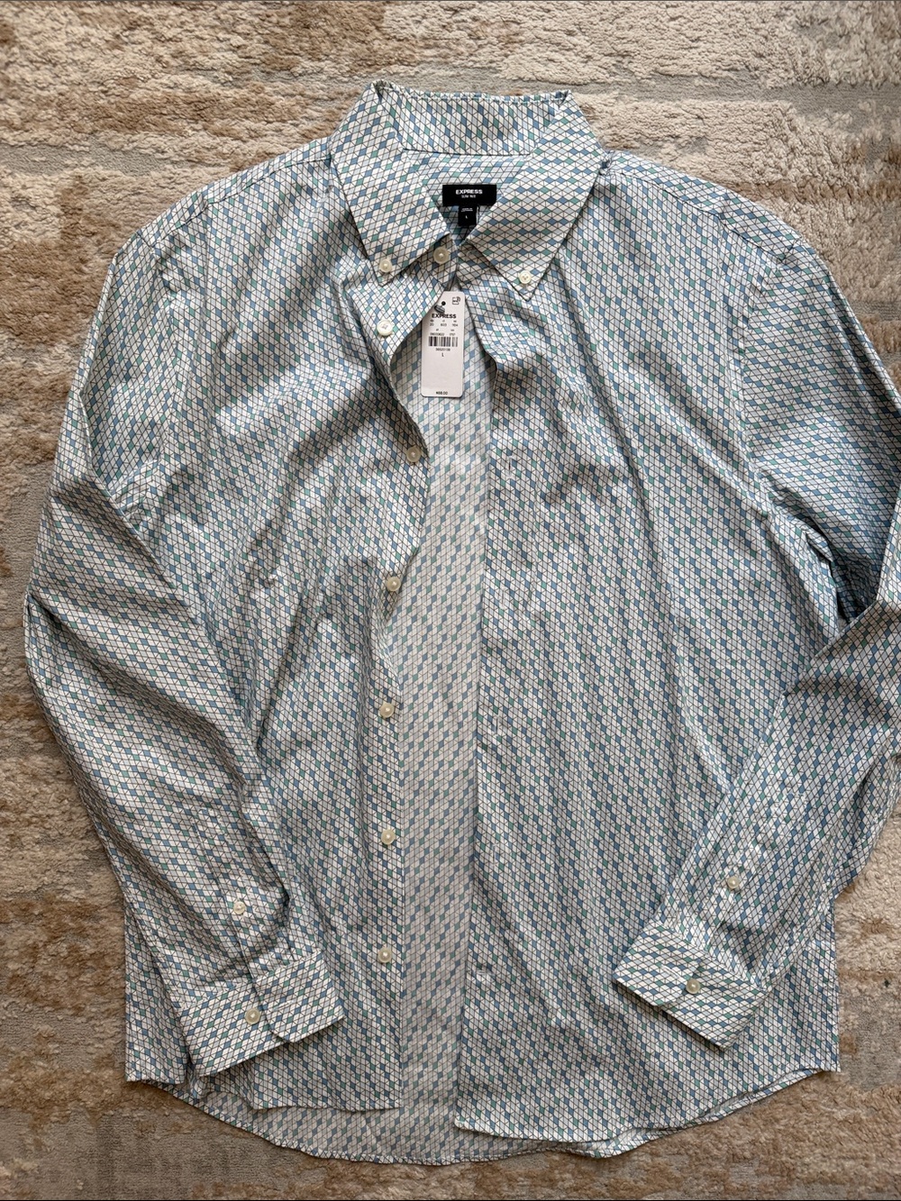 Express Men's Slim 1MX Button-Down Shirt in Blue & White Pattern - Size L